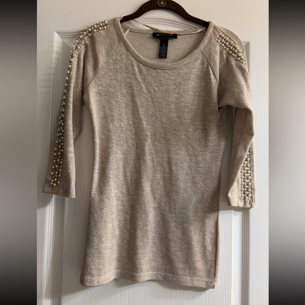 Beige and gold Sweater with Pearl Embellishments